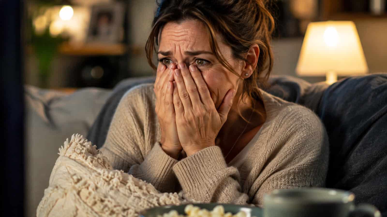 A woman sits on a couch with her hands covering her mouth, looking anxious or scared. A bowl of popcorn is in front of her, and a pillow rests on her lap. A lamp glows softly in the background.