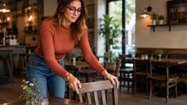 A woman with glasses and a rust-colored sweater arranges a wooden chair at a table in a cozy, modern restaurant with plants and wooden decor.