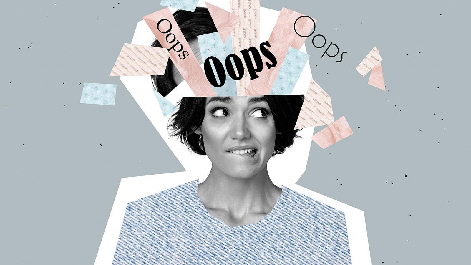A woman bites her lip with a worried expression as paper scraps and the word Oops explode from her head, symbolizing making mistakes.
