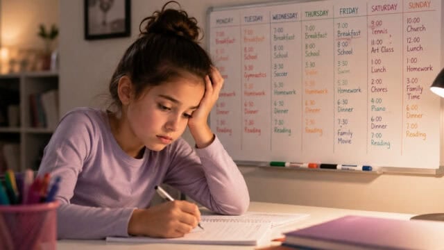 A girl sits at a desk, looking stressed while doing homework, with a weekly schedule on a whiteboard behind her.