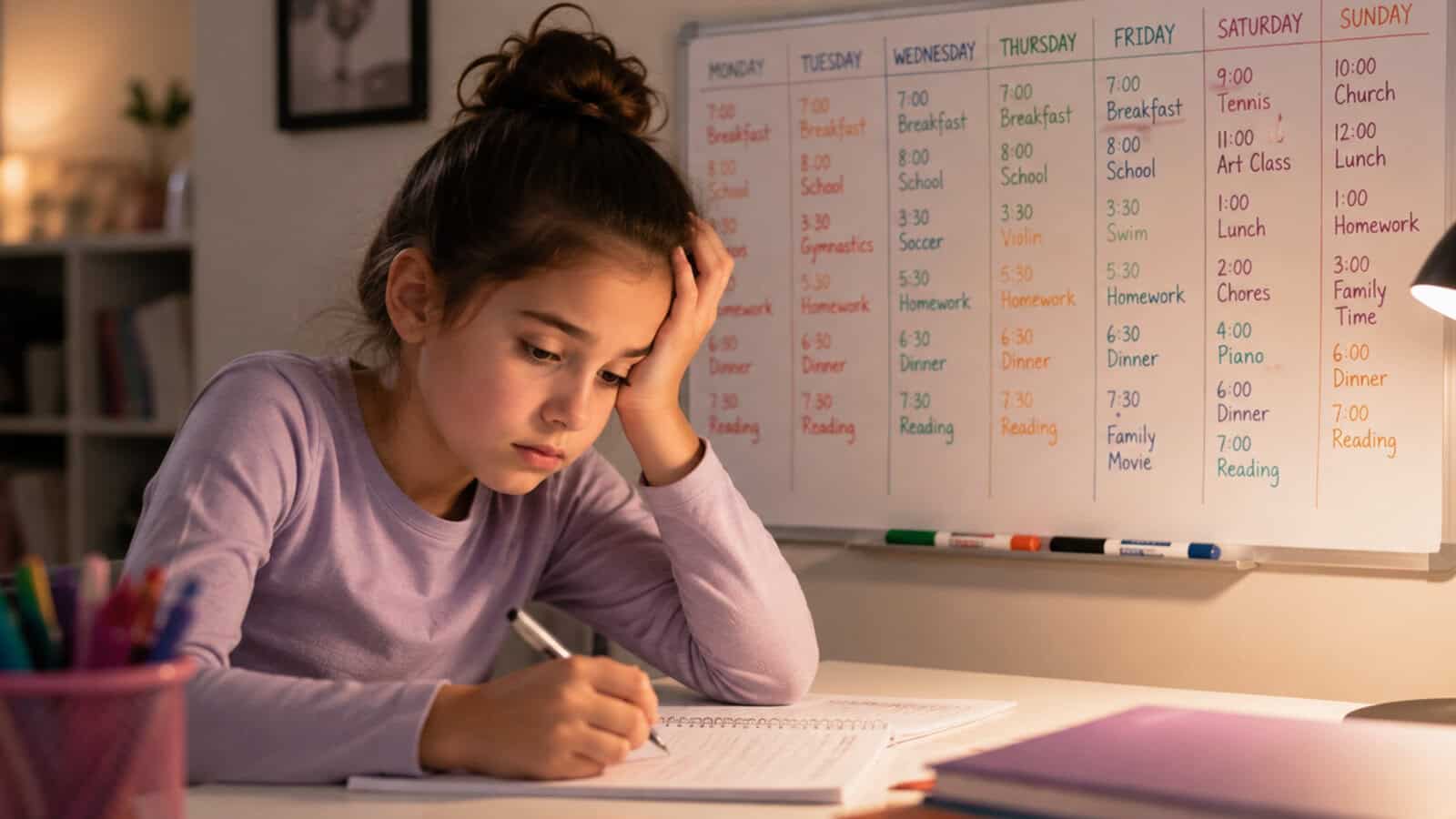 A girl sits at a desk, looking stressed while doing homework, with a weekly schedule on a whiteboard behind her.
