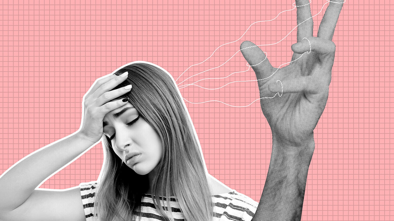 A woman holding her forehead looks distressed. A large hand with string-like lines appears beside her head on a pink grid background, symbolizing feeling controlled or overwhelmed.