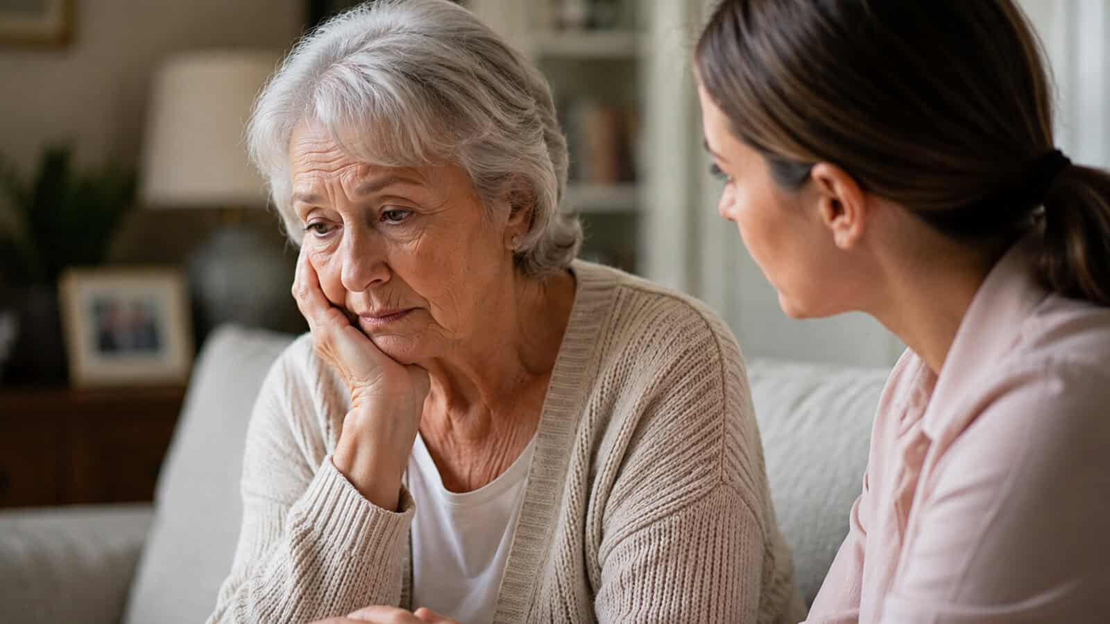 An older woman with gray hair looks sad and rests her face on her hand, while a younger woman sits beside her, offering comfort and support. Both are sitting on a couch indoors, reflecting the complex emotions and challenges that can arise in caring for an aging parent.