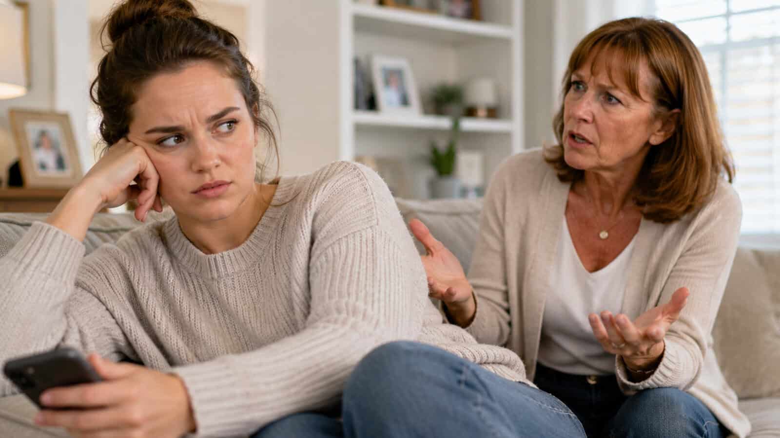 A young woman sits on a couch looking frustrated, holding a phone, while an older woman beside her gestures and appears to be speaking emotionally.