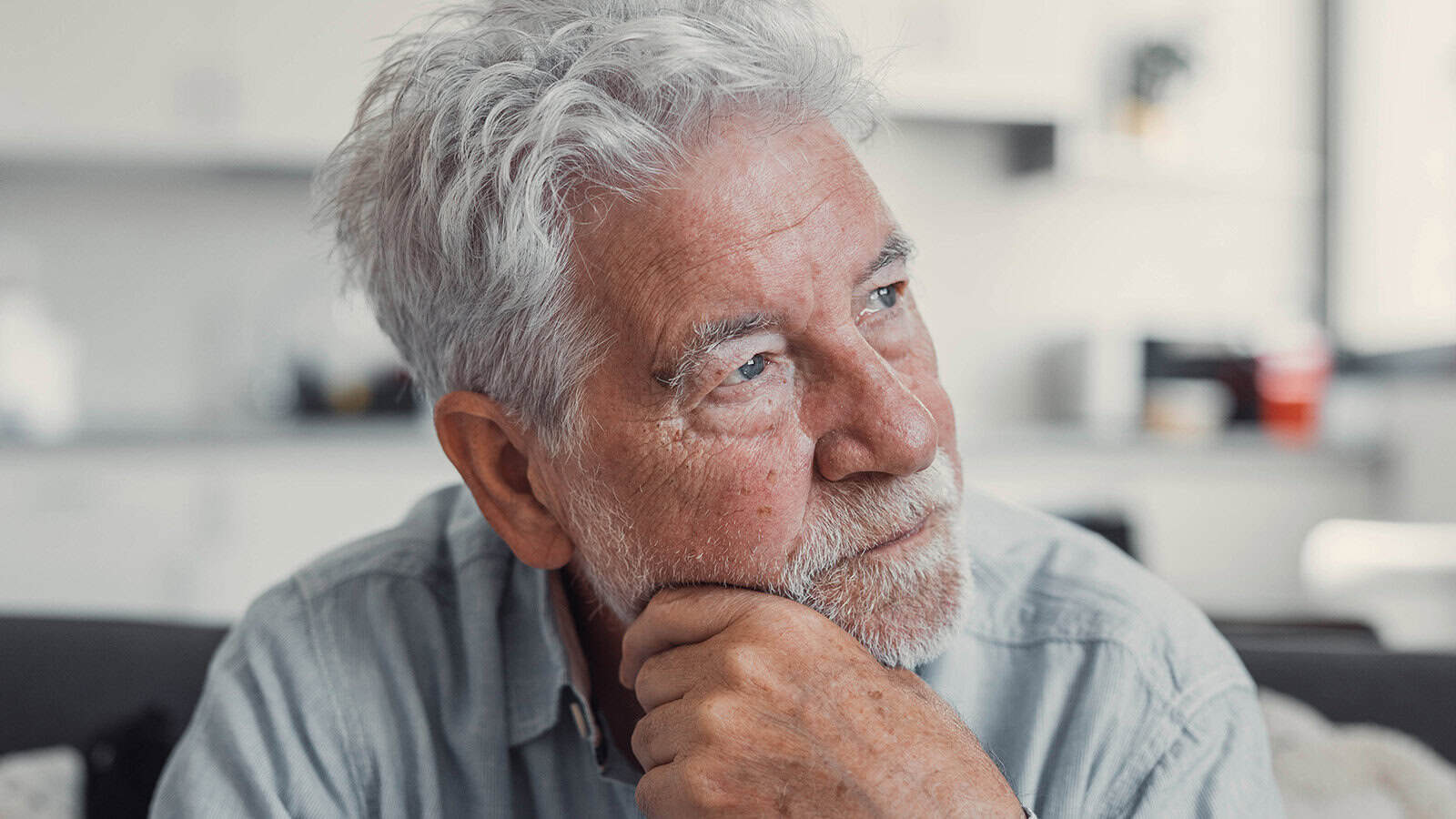 An elderly man with white hair and a beard gazes thoughtfully to the side, resting his chin on his hand. He sits indoors in a softly lit room with a blurred background.