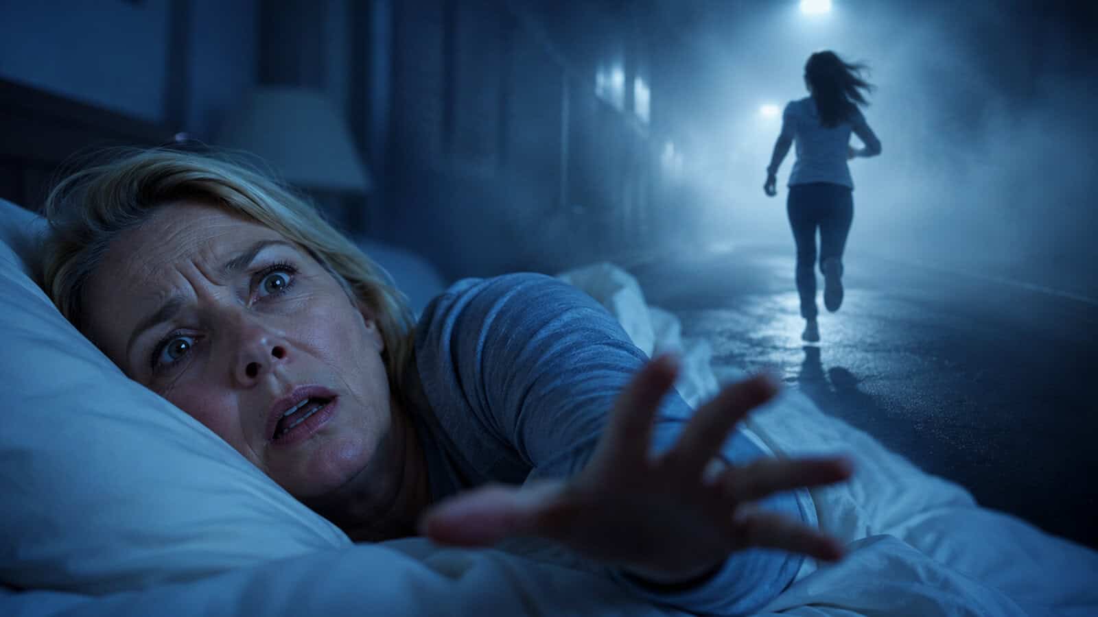 A woman in bed reaches out in fear, her face distressed, as she appears to witness or dream of another woman—perhaps a partner to whom she is deeply emotionally attached—running away down a dark, foggy street at night.