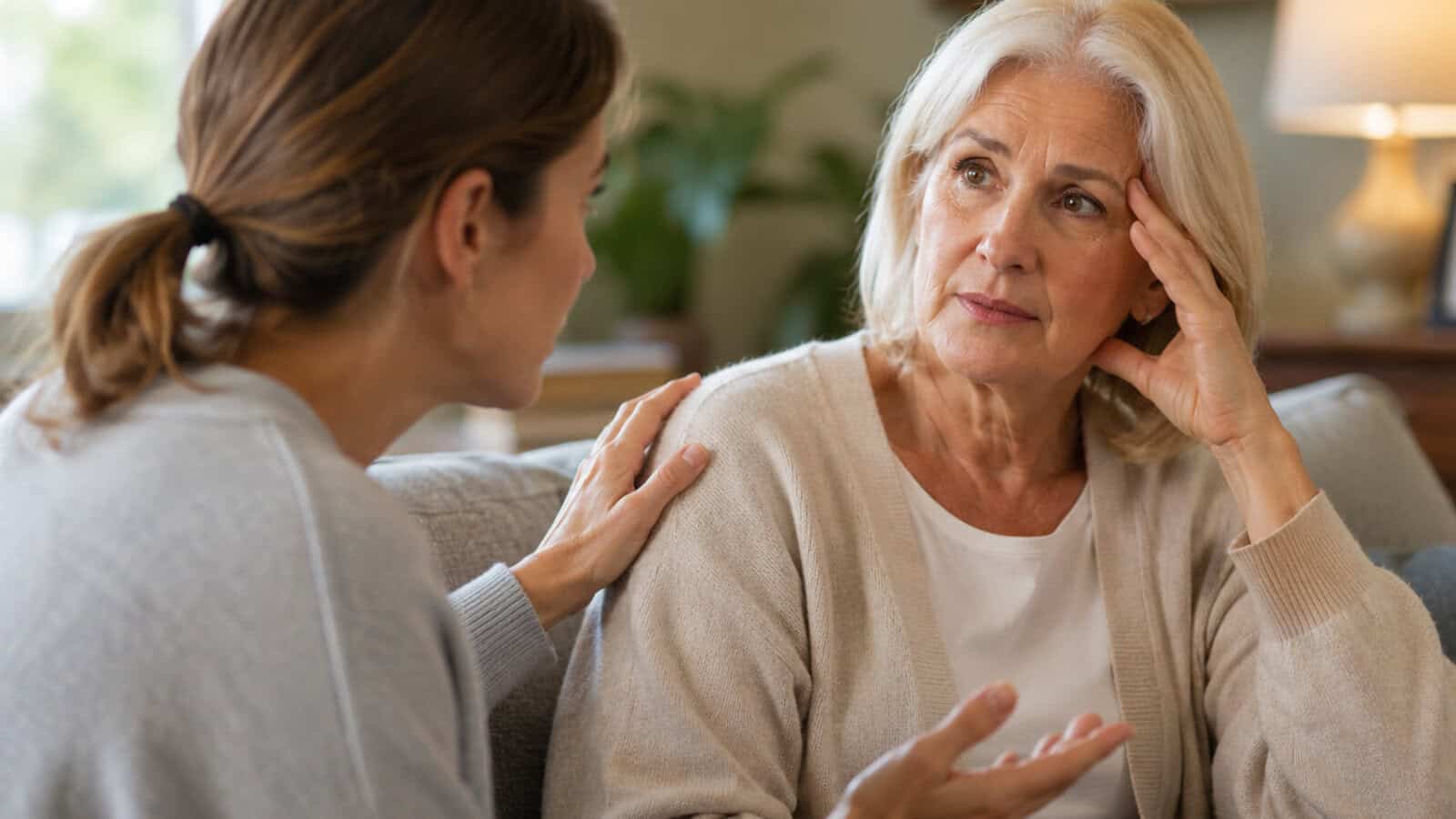 A younger woman comforts an older woman, who looks concerned while talking. They sit close on a couch in a warmly lit living room, suggesting a serious conversation.