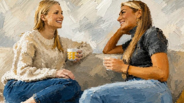 Two women sit on a couch, smiling and talking while holding mugs. The image captures the warmth of adult friendship, with a painterly, textured style and visible brushstrokes that give it an artistic, oil painting appearance. Their closeness is evident in the relaxed atmosphere, reflecting hours spent together in genuine connection.