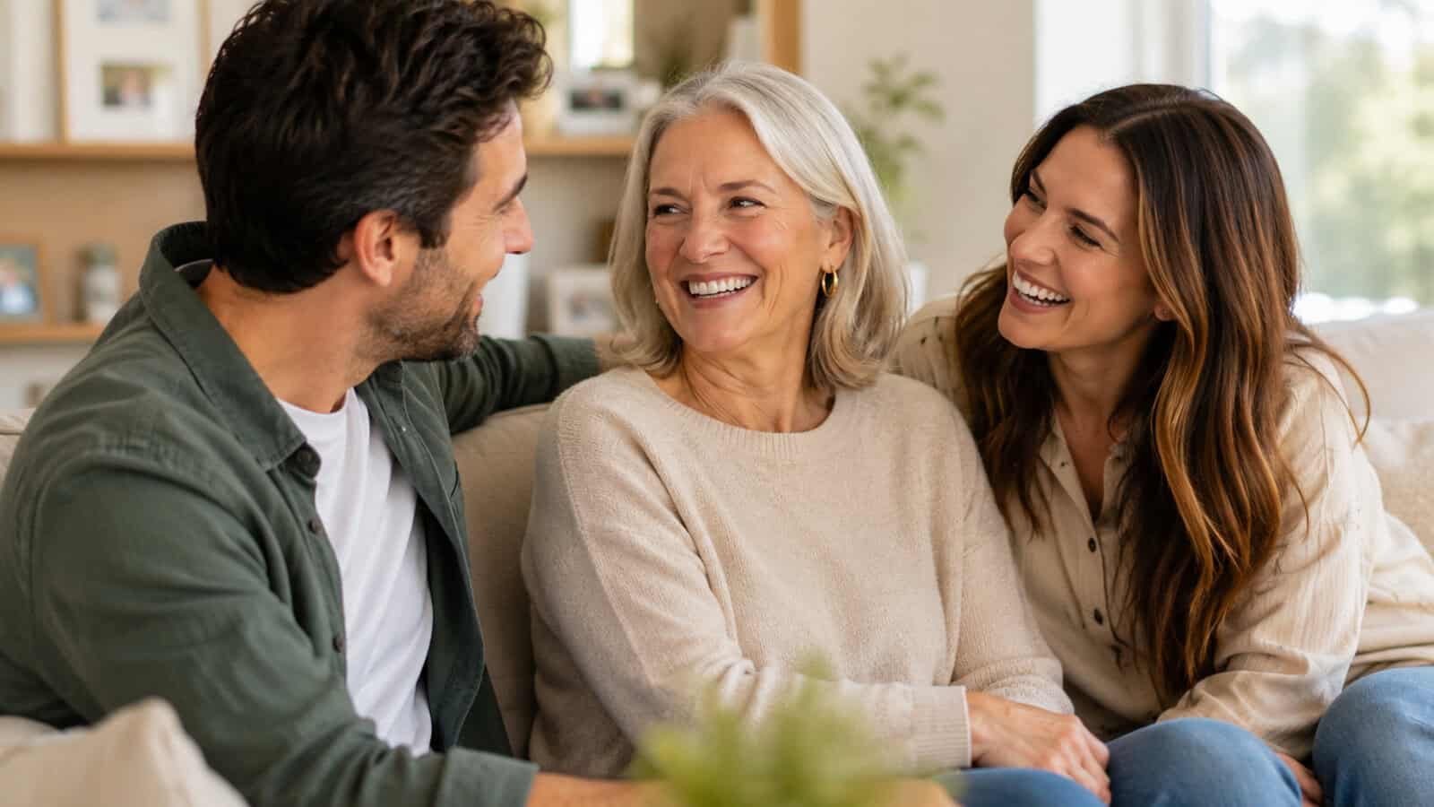Three adults, two women and one man, sit on a couch indoors, smiling and talking happily together in a warmly lit living room. The scene captures the warmth of parent-child relationships as these people in their 50s and 60s enjoy each other’s company.