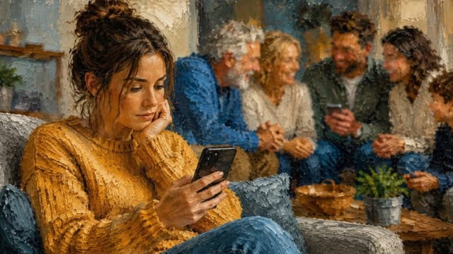 A woman in a yellow sweater looks at her phone, sitting apart from a group of people who are talking and using their phones in the background—perhaps embodying the quiet role of a “chat lurker” in the family group chat. The image appears to be painted or digitally stylized, offering an introspective glimpse into modern social psychology.