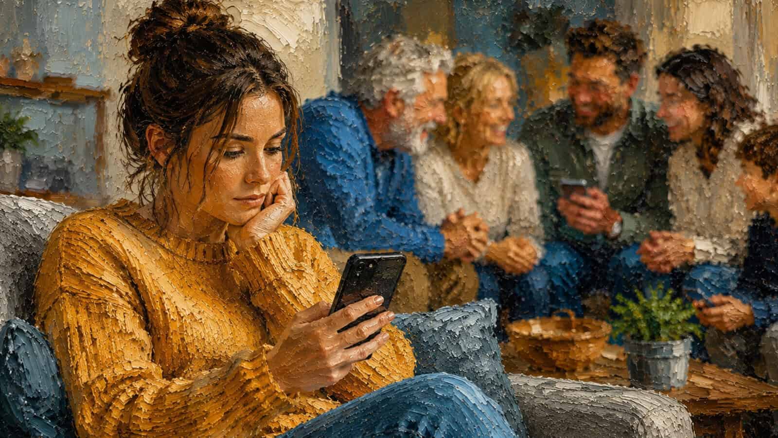 A woman in a yellow sweater looks at her phone, sitting apart from a group of people who are talking and using their phones in the background—perhaps embodying the quiet role of a “chat lurker” in the family group chat. The image appears to be painted or digitally stylized, offering an introspective glimpse into modern social psychology.