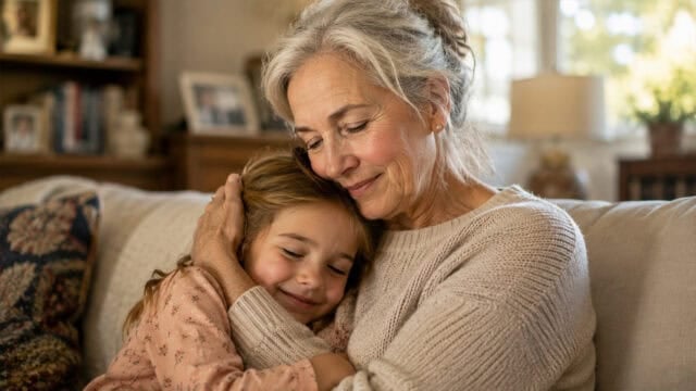 An older woman with gray hair hugs her smiling granddaughter on a couch in a cozy living room. Both grandparent and grandchild look content and peaceful, with sunlight streaming in through a window in the background.