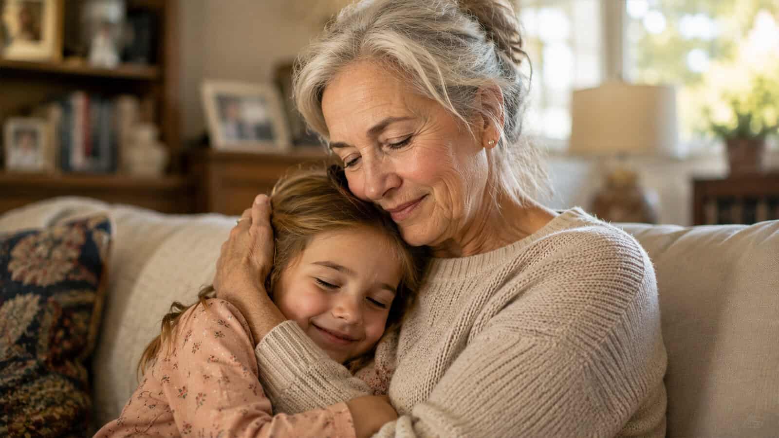 An older woman with gray hair hugs her smiling granddaughter on a couch in a cozy living room. Both grandparent and grandchild look content and peaceful, with sunlight streaming in through a window in the background.