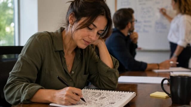 A woman with dark hair draws detailed patterns in a notebook at a desk, her doodling perhaps enhancing her attention. Two people in the background discuss notes on a whiteboard, while a coffee mug and papers are scattered on the table.