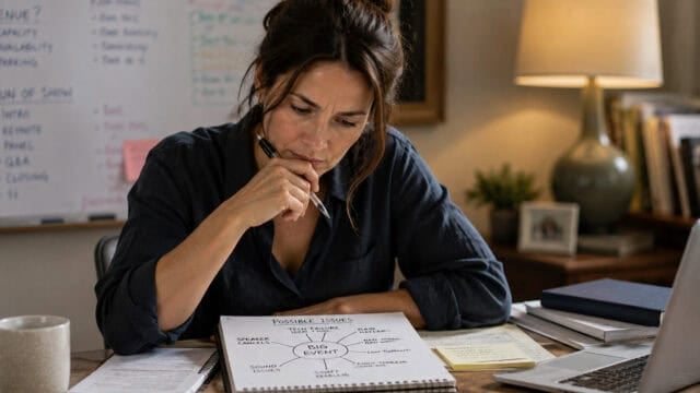 Woman sits at a desk, looking thoughtful while writing in a notebook with a mind map titled Possible Issues—a subtle nod to her focus on psychology and performance strategy. Papers, sticky notes, and a laptop are scattered around the desk, with a whiteboard and bookshelf in the background.