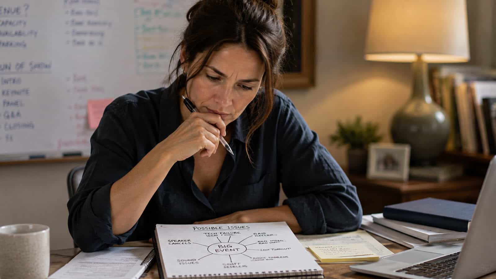 Woman sits at a desk, looking thoughtful while writing in a notebook with a mind map titled Possible Issues—a subtle nod to her focus on psychology and performance strategy. Papers, sticky notes, and a laptop are scattered around the desk, with a whiteboard and bookshelf in the background.