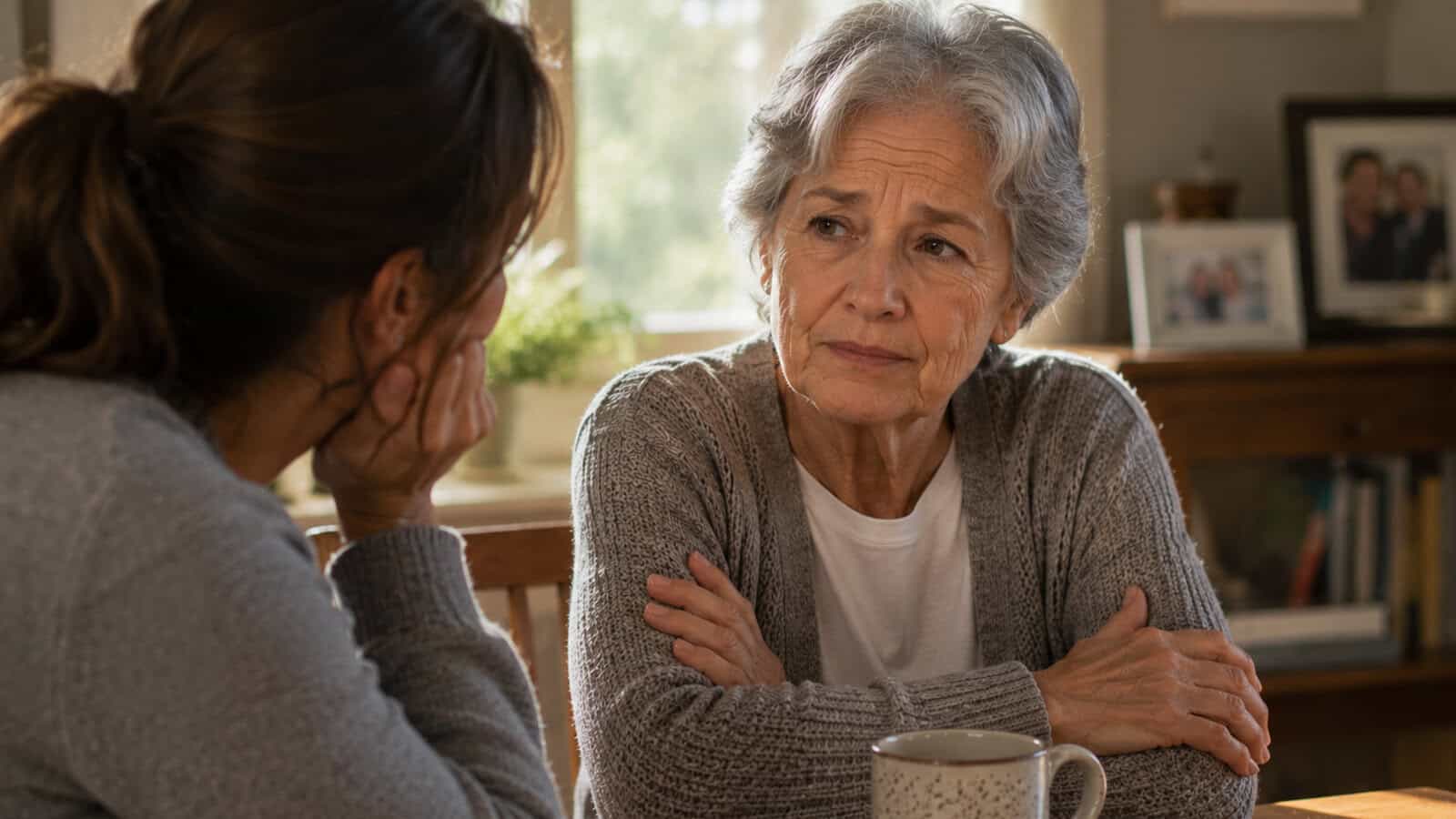 An older woman with gray hair sits at a table, listening attentively to a younger woman. Both appear serious, as if discussing important matters related to elder care. A mug sits in front of them, and family photos are visible on a shelf in the background.