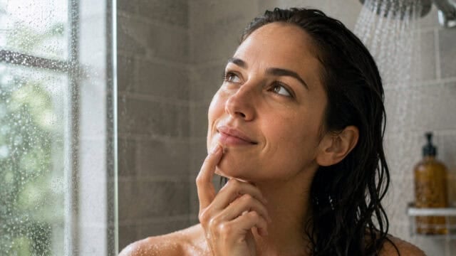 A woman with wet hair stands in a shower, touching her chin and looking thoughtful. Water droplets are visible on the glass, and a bottle is seen on a shelf in the background—an everyday moment where the best ideas often emerge, highlighting the curious link between psychology and inspiration found in the shower.