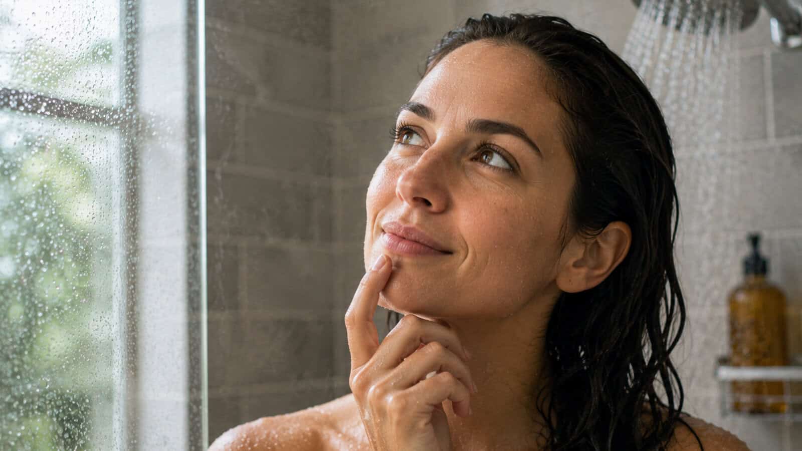 A woman with wet hair stands in a shower, touching her chin and looking thoughtful. Water droplets are visible on the glass, and a bottle is seen on a shelf in the background—an everyday moment where the best ideas often emerge, highlighting the curious link between psychology and inspiration found in the shower.