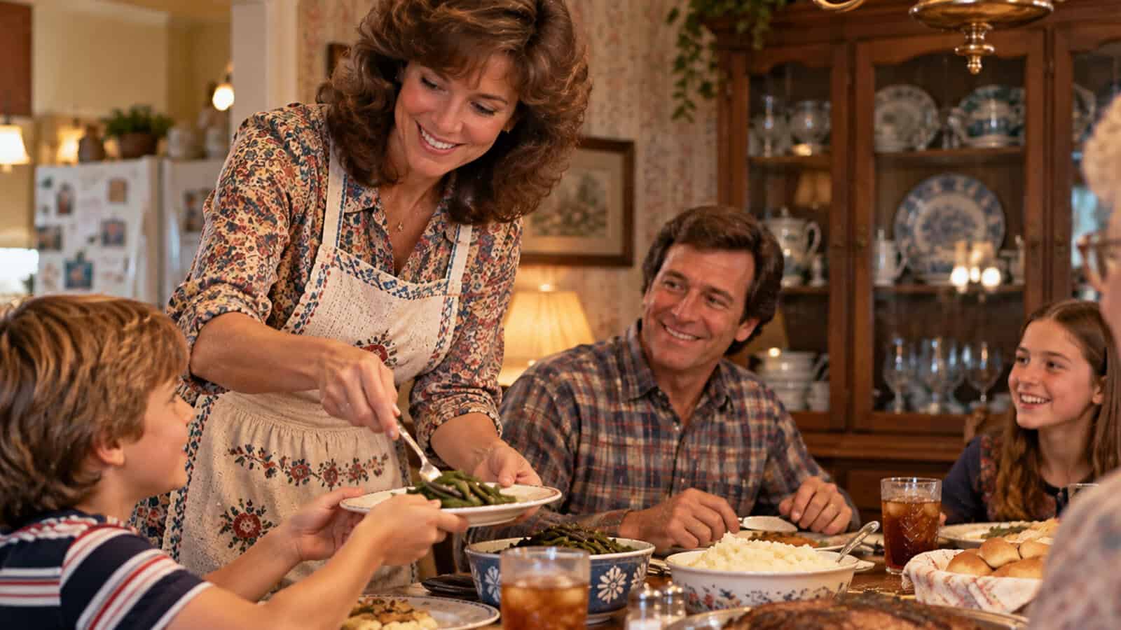 A woman serves green beans to a smiling boy at a dinner table, surrounded by family members, with plates of food and drinks in a warmly lit, cozy dining room.