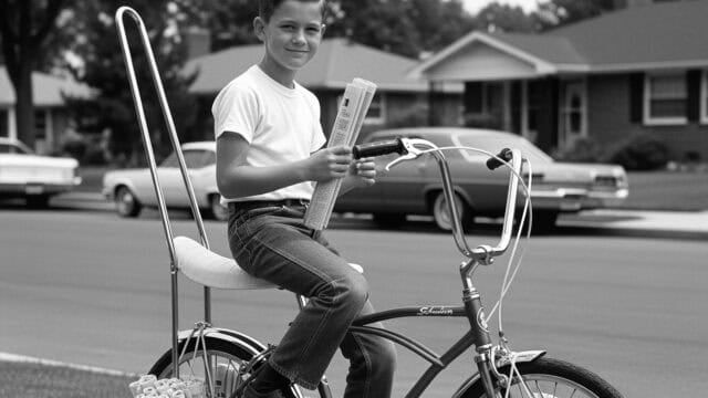 A boy in a white T-shirt and jeans sits on a vintage bike holding newspapers, ready to deliver them in a suburban neighborhood.