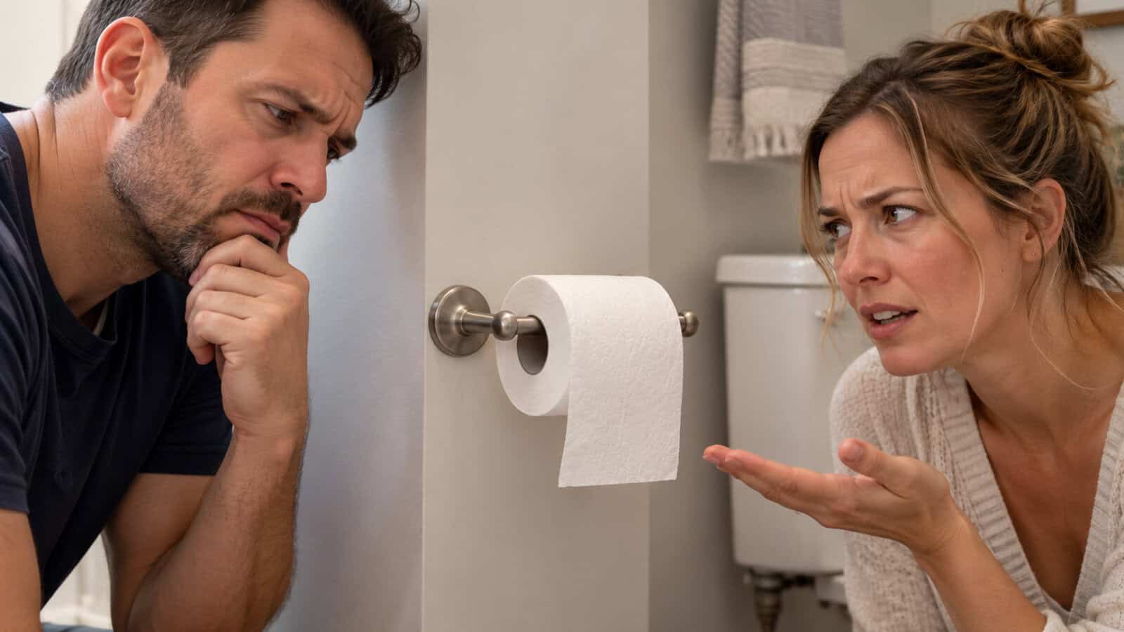 A man and woman in a bathroom look frustrated while staring at a toilet paper roll on the holder. The woman gestures in confusion, and the man appears to be thinking or puzzled about the situation.