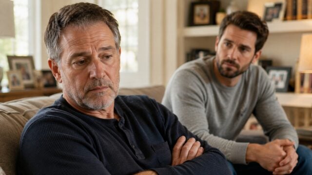 Two men sit on a couch indoors. The older man in front looks upset with arms crossed, while the younger man behind him watches with concern and leans forward, hands clasped.