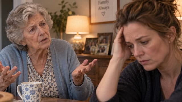 An elderly woman gestures while speaking to a distressed younger woman who holds her head. They sit at a table with a mug, and family photos and a Family Always sign are in the background.