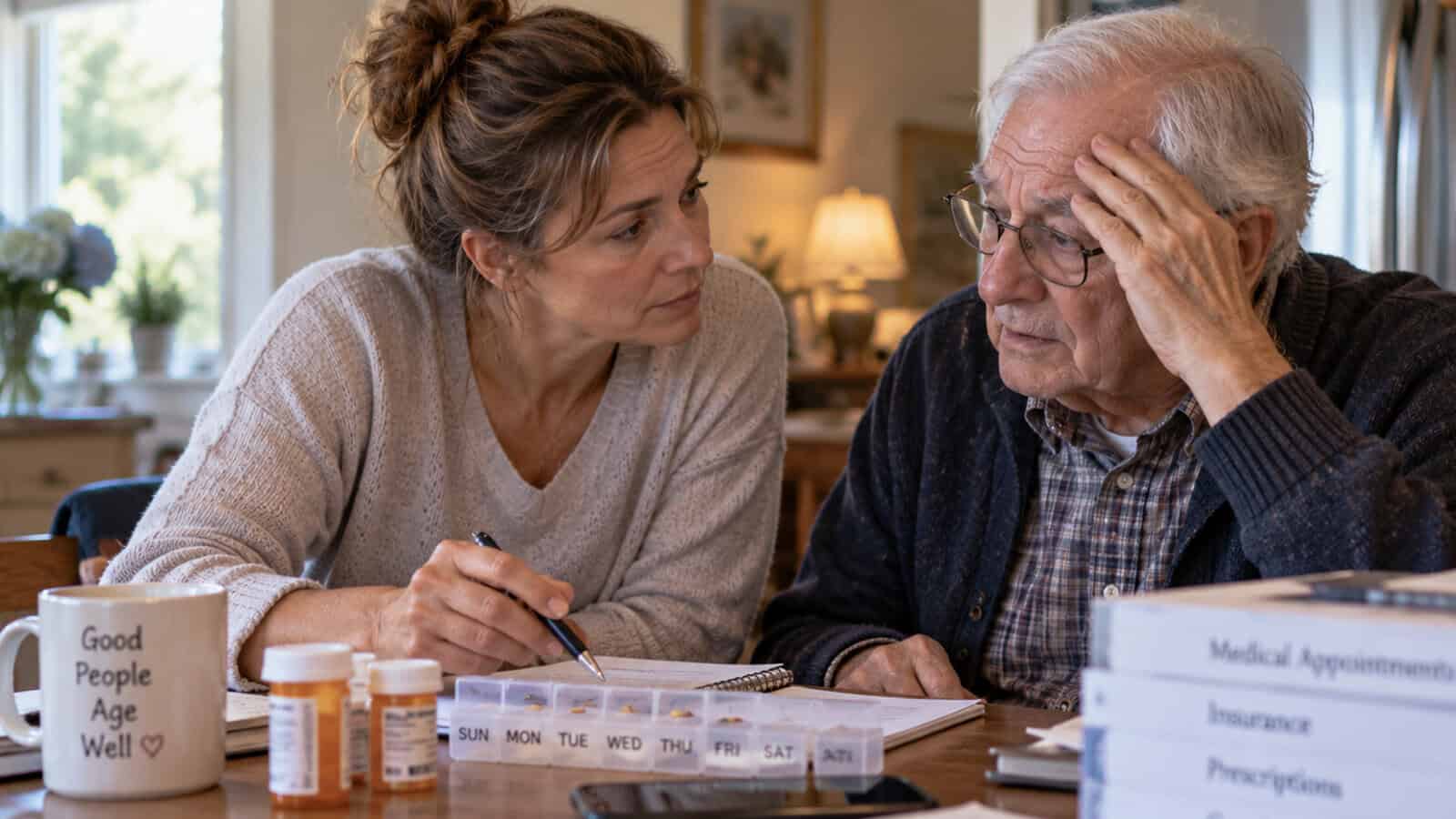 An older man and a woman sit at a table with pill organizers, prescription bottles, and paperwork. The woman looks concerned and is helping the man with his medication schedule.