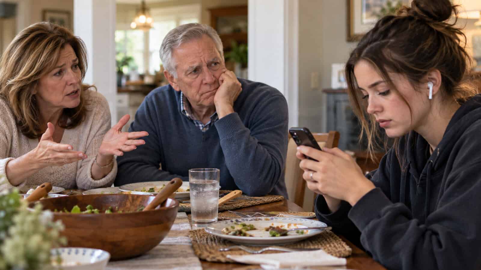 A woman talks to an older man and a teenage girl at a dining table. The girl looks at her phone with earbuds in, appearing disengaged, while the adults look concerned. Plates of food and water glasses are on the table.