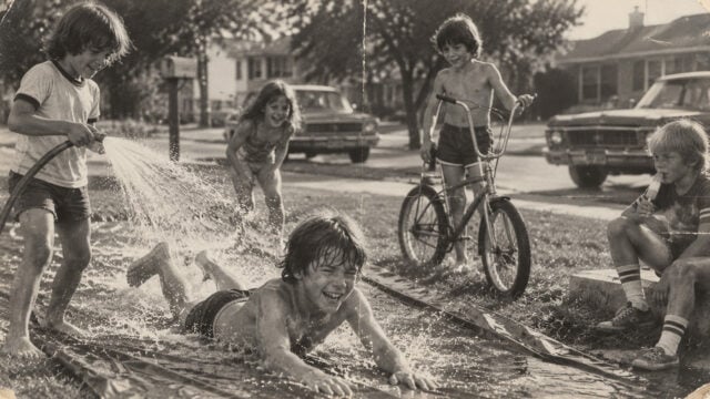 Five children play outside on a slip-and-slide, splashing water from a hose on a sunny day in a suburban neighborhood with cars and houses in the background.