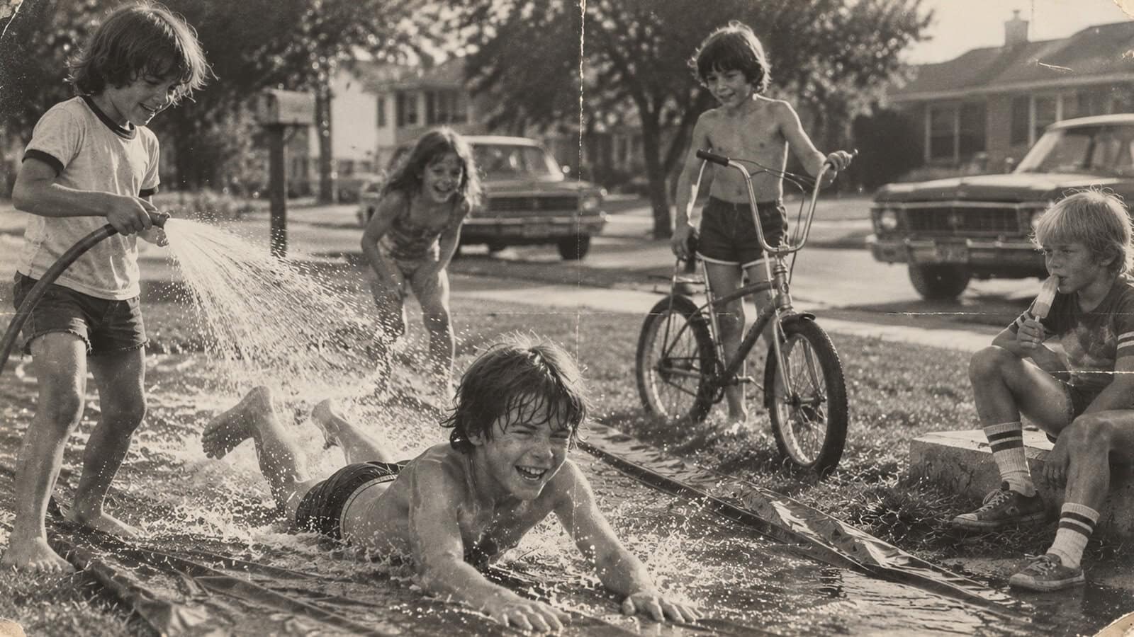 Five children play outside on a slip-and-slide, splashing water from a hose on a sunny day in a suburban neighborhood with cars and houses in the background.