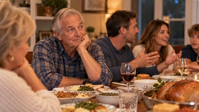 Older man in plaid shirt sits at a dinner table looking thoughtful, surrounded by people engaged in conversation. Table is set with plates of food, drinks, and a roasted turkey. Warm, cozy indoor setting.