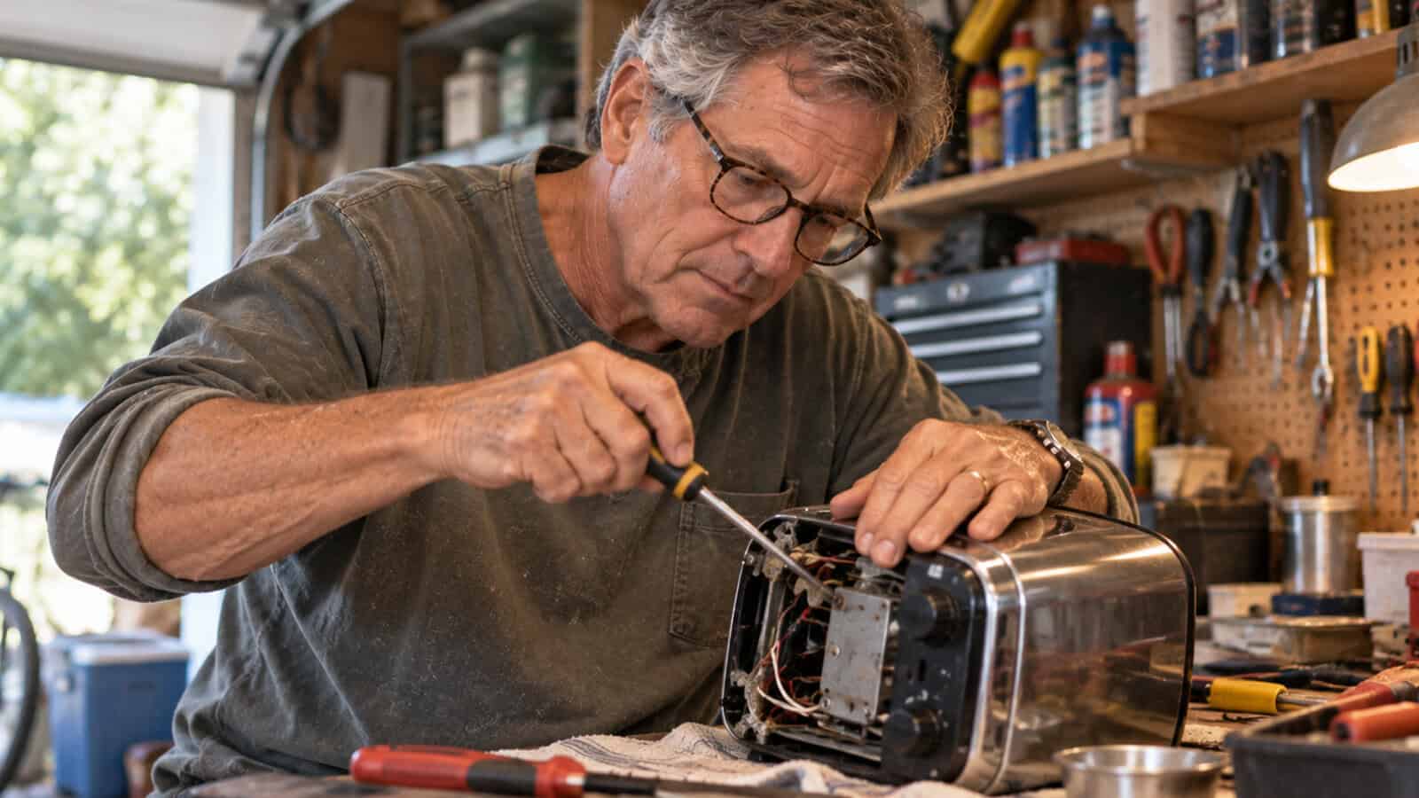 An older man wearing glasses repairs a toaster with a screwdriver at a cluttered workbench in a garage or workshop.