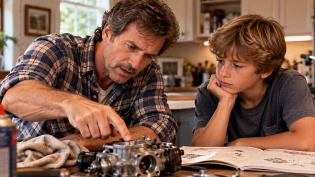 A man and a boy sit at a kitchen table, examining engine parts. The man points at the parts while the boy watches closely, resting his chin on his hand. An open manual lies in front of them.