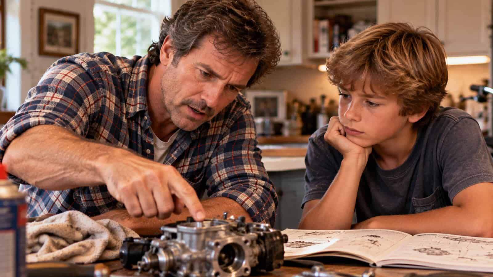 A man and a boy sit at a kitchen table, examining engine parts. The man points at the parts while the boy watches closely, resting his chin on his hand. An open manual lies in front of them.