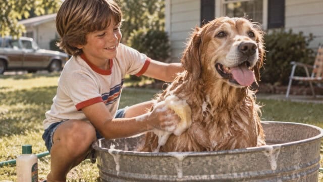 A young boy smiles while washing a happy golden retriever in a metal tub outside on a sunny day. Soap suds cover the dog, and the boy uses a sponge. A house and car are visible in the background.