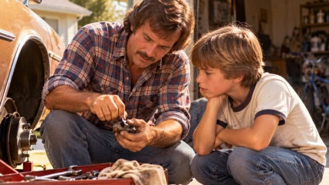 A man teaches a boy how to fix a car, showing him a part while they kneel beside an open toolbox. They are focused, working together in a garage with sunlight streaming in.