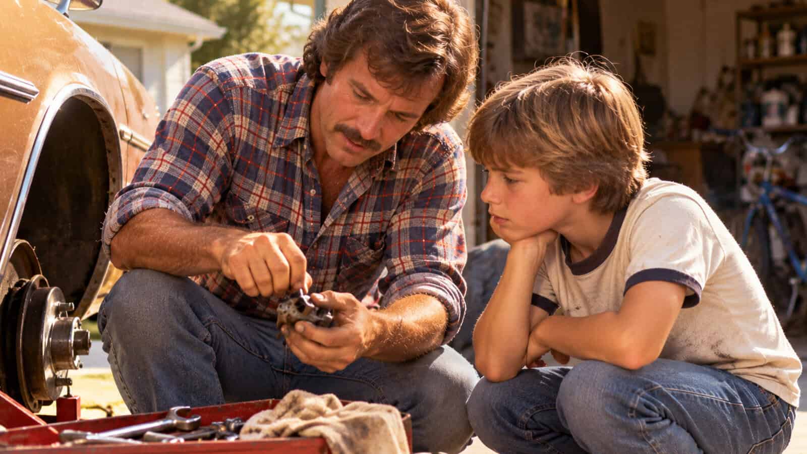 A man teaches a boy how to fix a car, showing him a part while they kneel beside an open toolbox. They are focused, working together in a garage with sunlight streaming in.