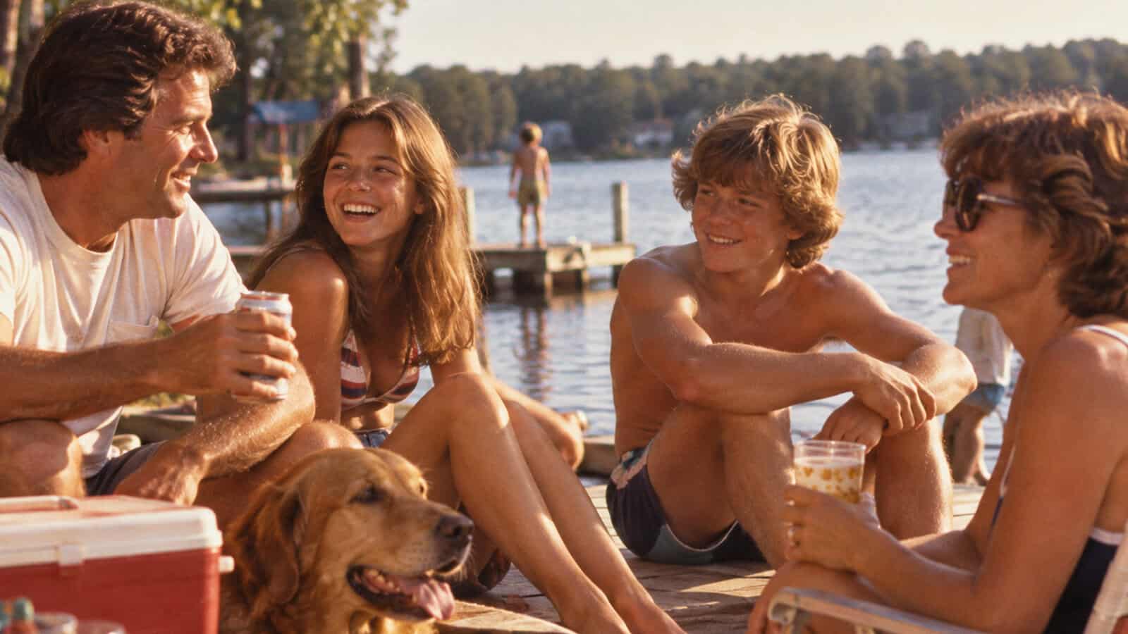 Four people and a dog sit on a dock by a lake, smiling and talking. Two hold drinks, a cooler is nearby, and trees and water are in the background on a sunny day.