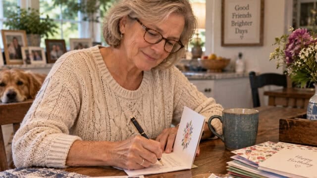Older woman with glasses and a sweater writes in a card at a wooden table, surrounded by greeting cards and a blue mug. A dog sits in the background and a sign on the wall reads, Good Friends, Brighter Days..