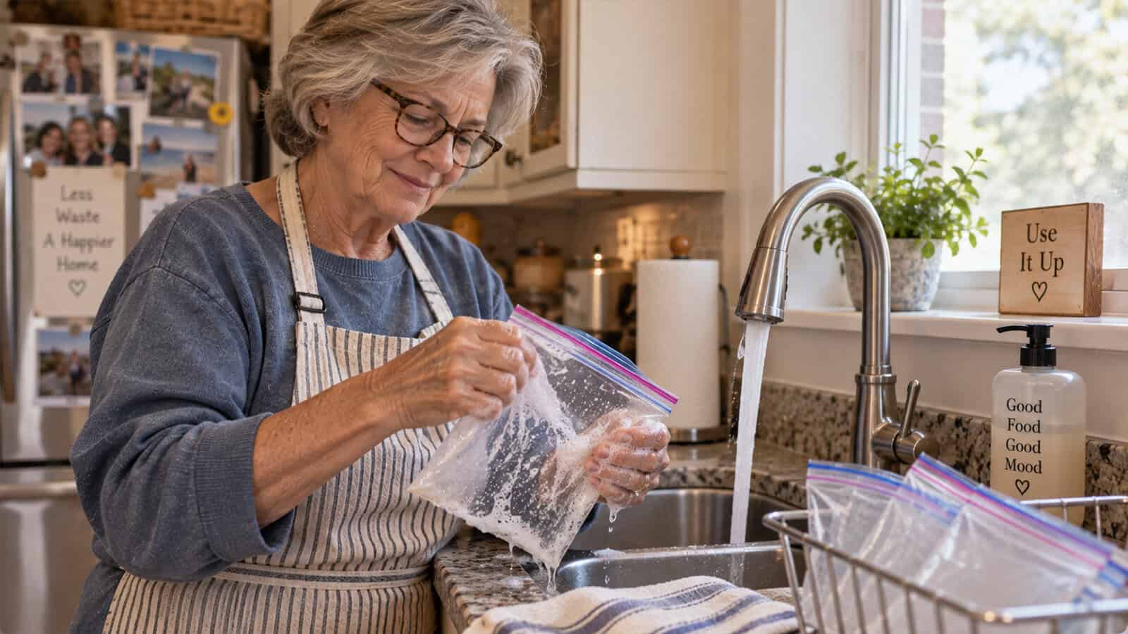 An older woman in glasses and an apron washes plastic bags at a kitchen sink. Sunlight streams in through the window, and signs on the counter promote reducing waste and reusing items.