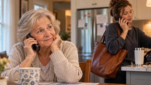 An older woman sits at a table, smiling while talking on the phone. In the background, a younger woman with a bag over her shoulder talks on her phone in the kitchen.