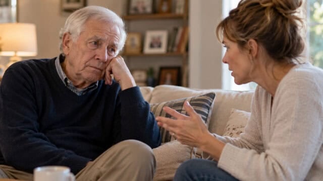 An older man listens thoughtfully while a younger woman speaks to him on a couch in a cozy living room.