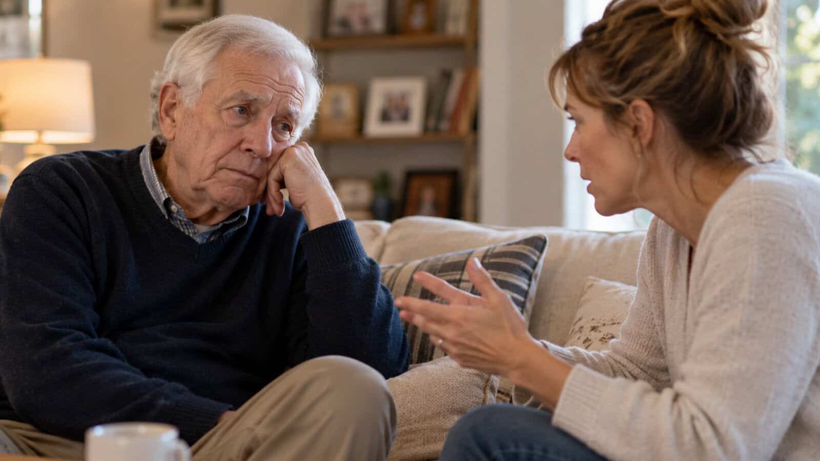 An older man listens thoughtfully while a younger woman speaks to him on a couch in a cozy living room.
