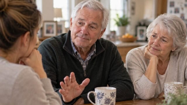An older man and woman sit at a table with mugs, attentively listening to a younger woman. The man gestures with his hand, and the setting appears warm and homey, suggesting a thoughtful conversation.