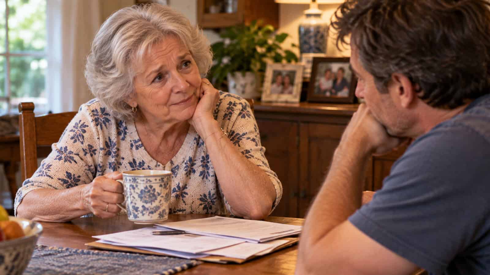 An older woman holding a patterned mug listens attentively to a man across the table. Papers and a pen are on the table. They appear to be having a serious conversation in a warmly lit, homey dining room.