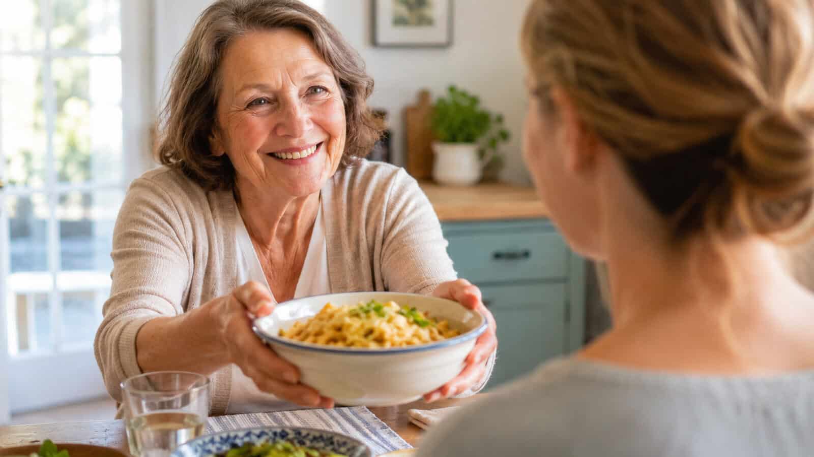 An older woman smiles warmly as she offers a bowl of pasta to another person across the table in a cozy kitchen setting.