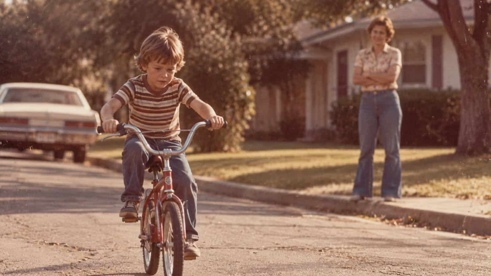 A young boy rides a red bicycle down a suburban street while an adult stands in the background, watching and smiling, near a parked car and house on a sunny day.