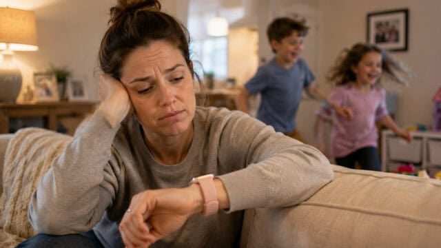 A tired woman sits on a couch, resting her head on her hand and looking at her watch, while two children play and run in the background inside a cozy, warmly lit home.